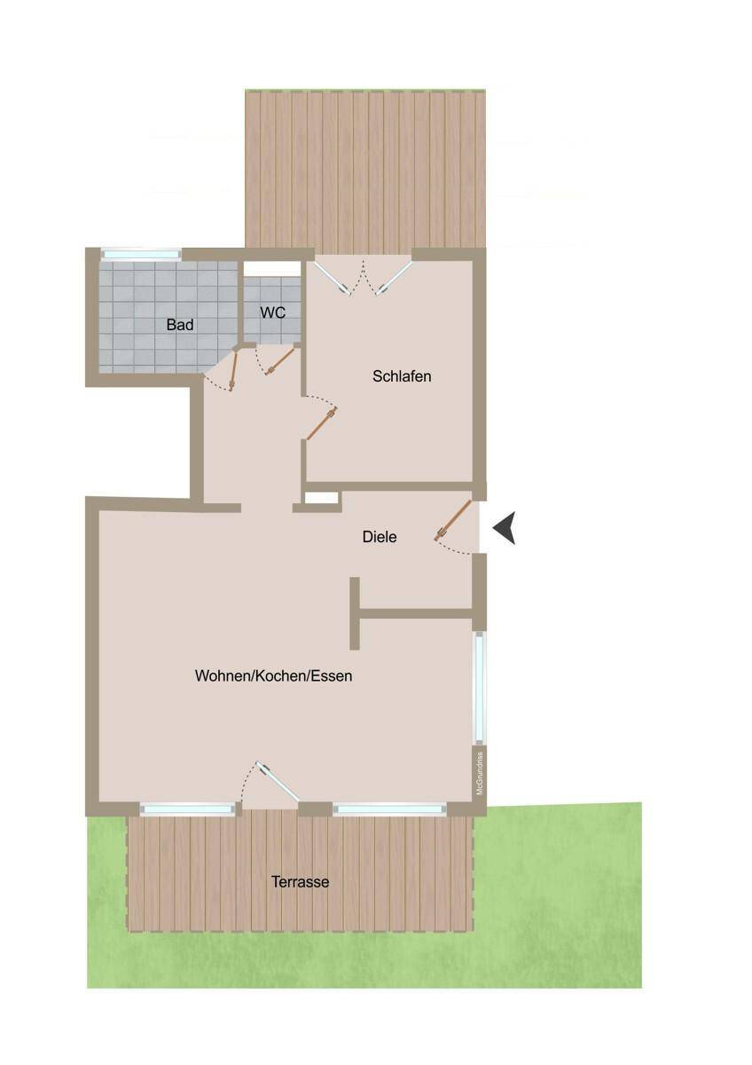 Grundriss des Erdgeschosses mit offenem Wohn-/Koch-/Essbereich und direktem Terrassenzugang.