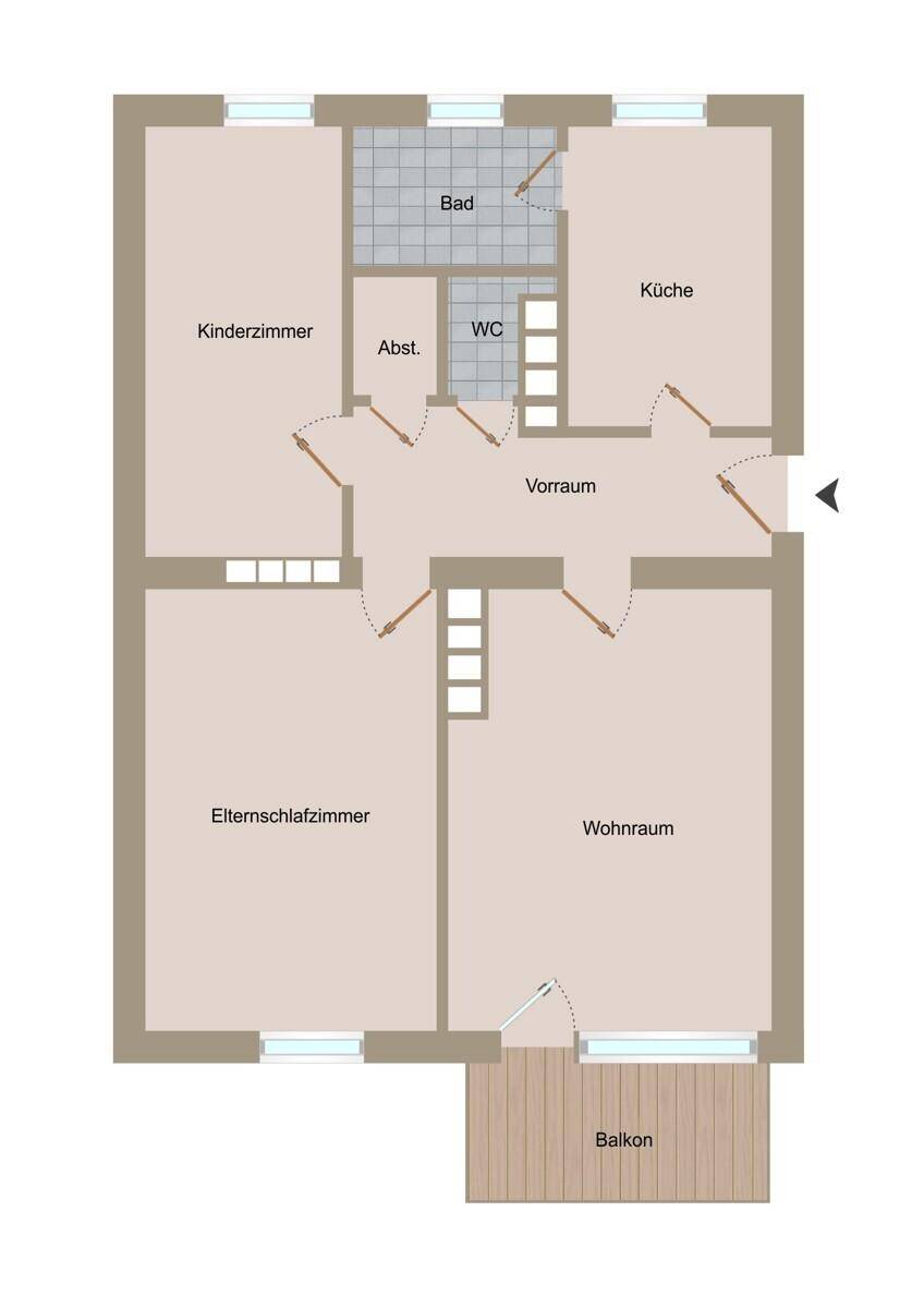 Grundriss einer Wohnung mit drei Zimmern, Bad, WC, Abstellraum und Balkon.