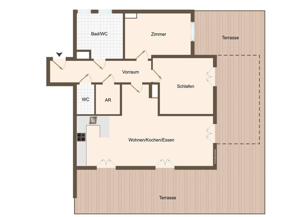 Grundriss zeigt eine Wohnung mit Wohn-/Koch-/Essbereich, Schlafzimmer, Zimmer, Bad/WC, WC und zwei Terrassen.