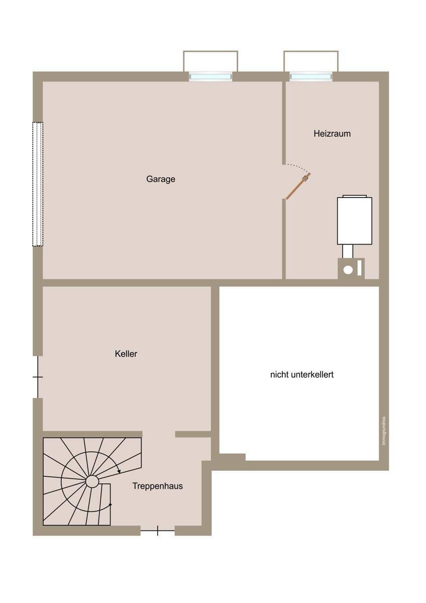 Grundriss des Untergeschosses mit Garage, Keller, Heizraum und Treppenhaus.