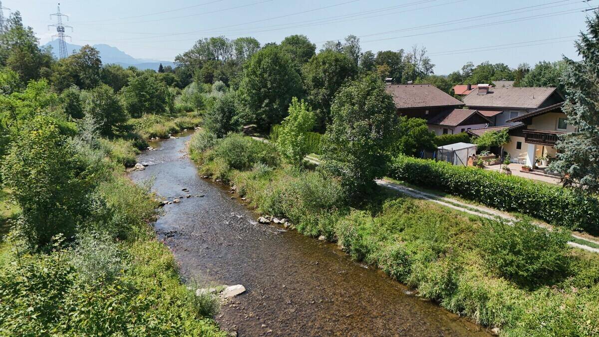 Panoramablick auf einen Flusslauf, umgeben von üppiger Vegetation und Wohnhäusern.