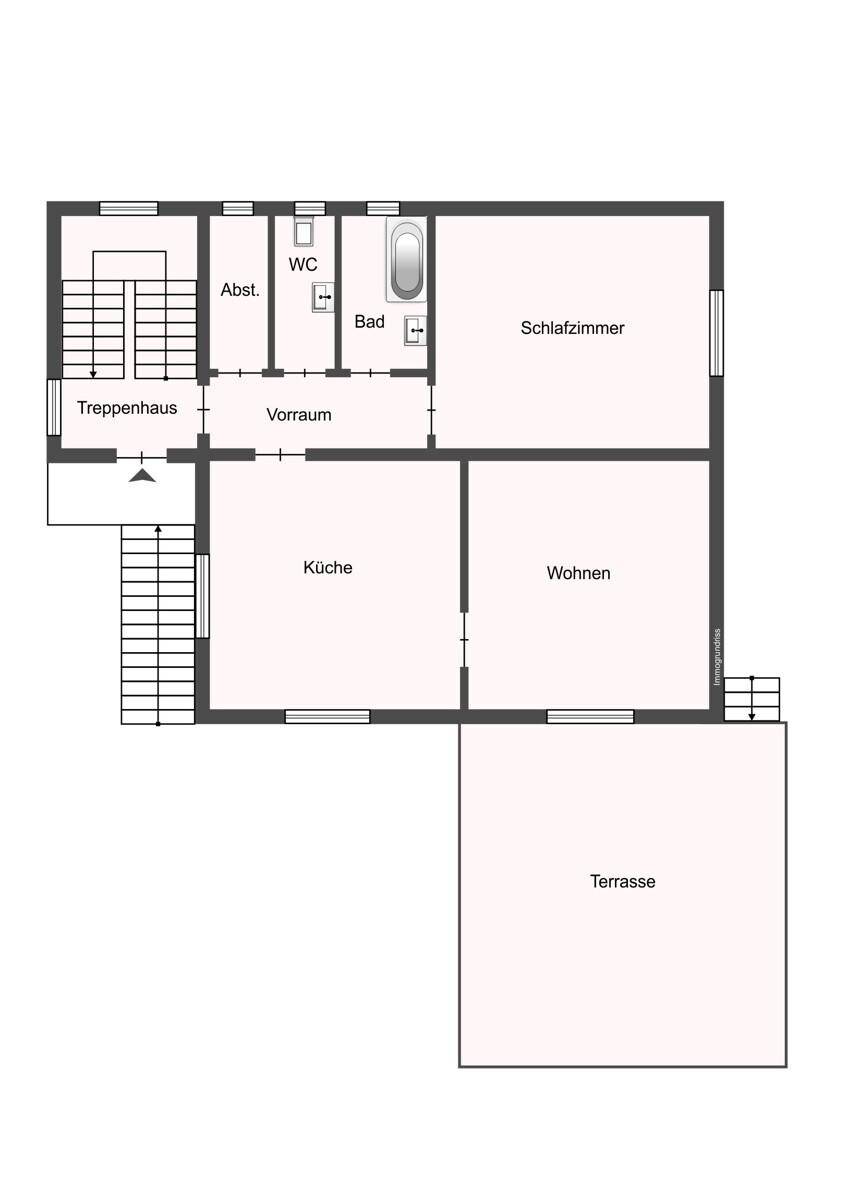 Grundriss des Erdgeschosses mit Wohnzimmer, Küche, Schlafzimmer, Bad, WC und Terrasse.