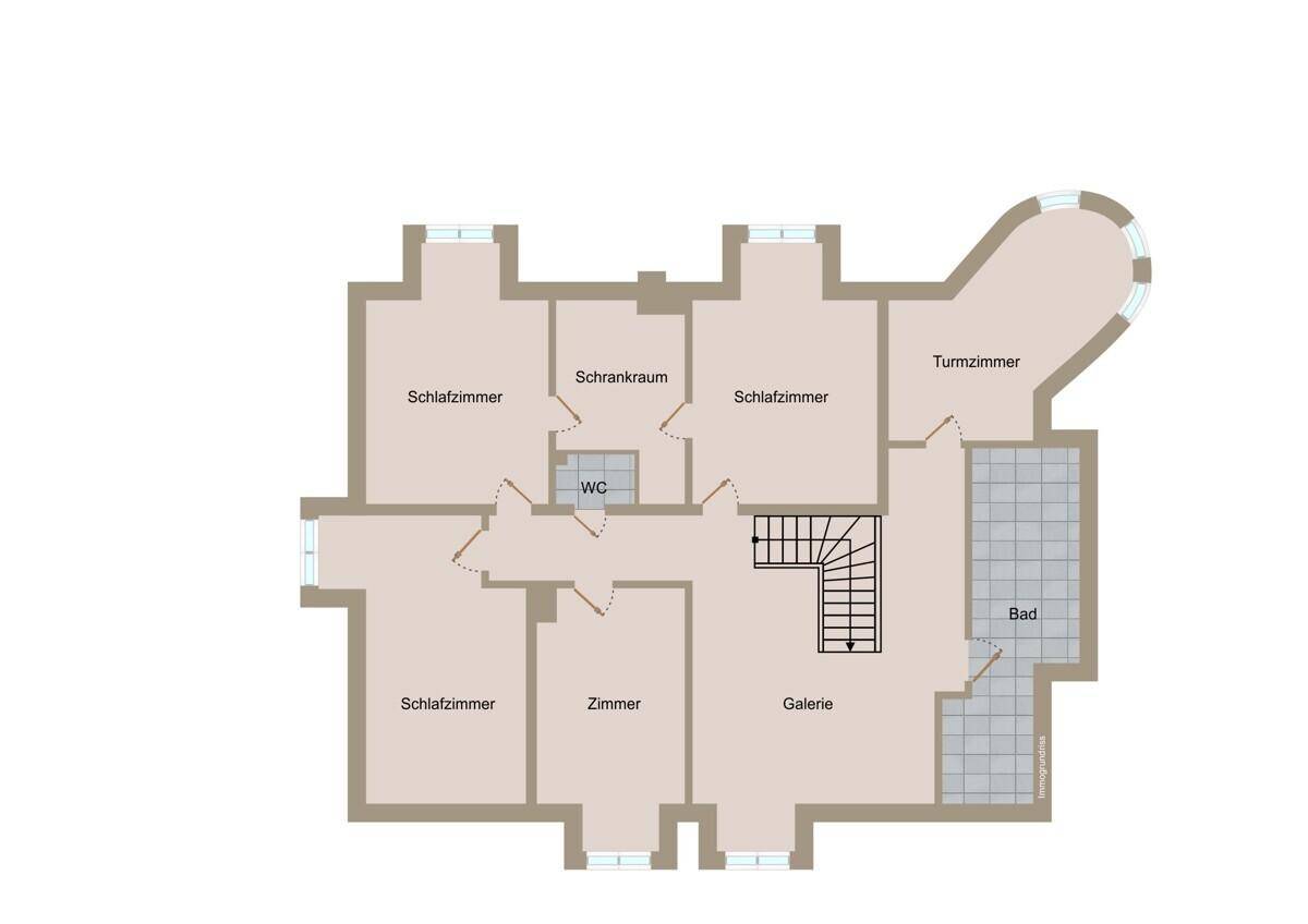 Grundriss des Obergeschosses mit mehreren Schlafzimmern, Bad, WC und einem Turmzimmer.
