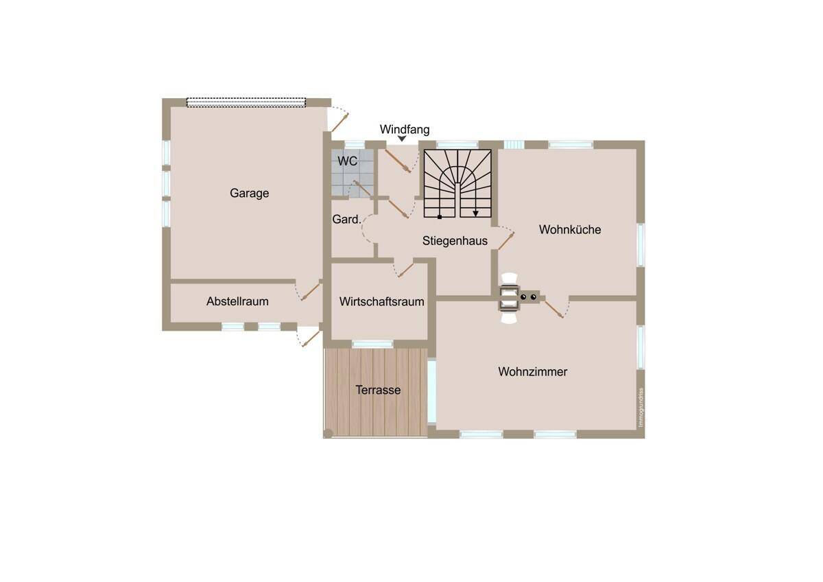 Grundriss des Erdgeschosses mit Wohnküche, Wohnzimmer, Garage und Terrasse.