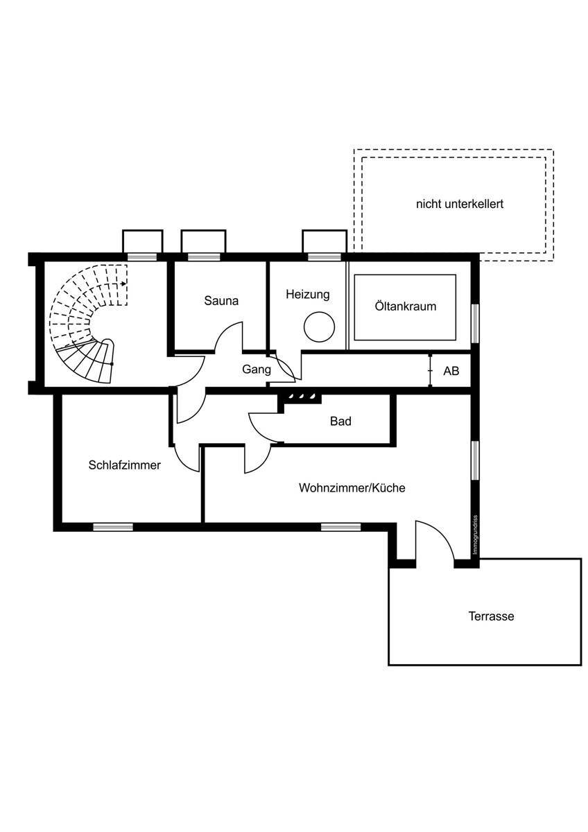 Grundriss des Untergeschosses mit Schlafzimmer, Wohnküche, Sauna und Terrasse.