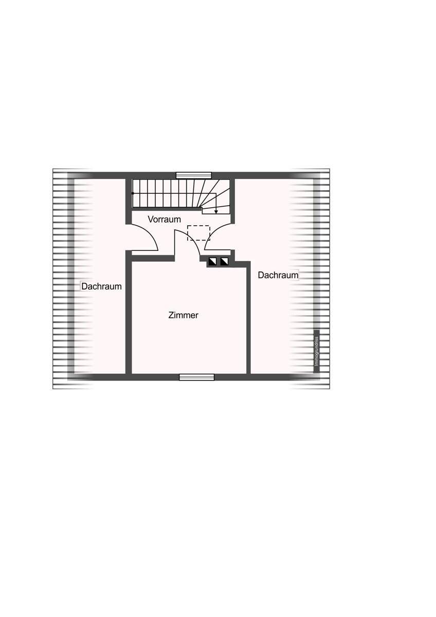 Grundriss des Dachgeschosses mit einem Zimmer und Dachschrägen, zugänglich über einen Vorraum.