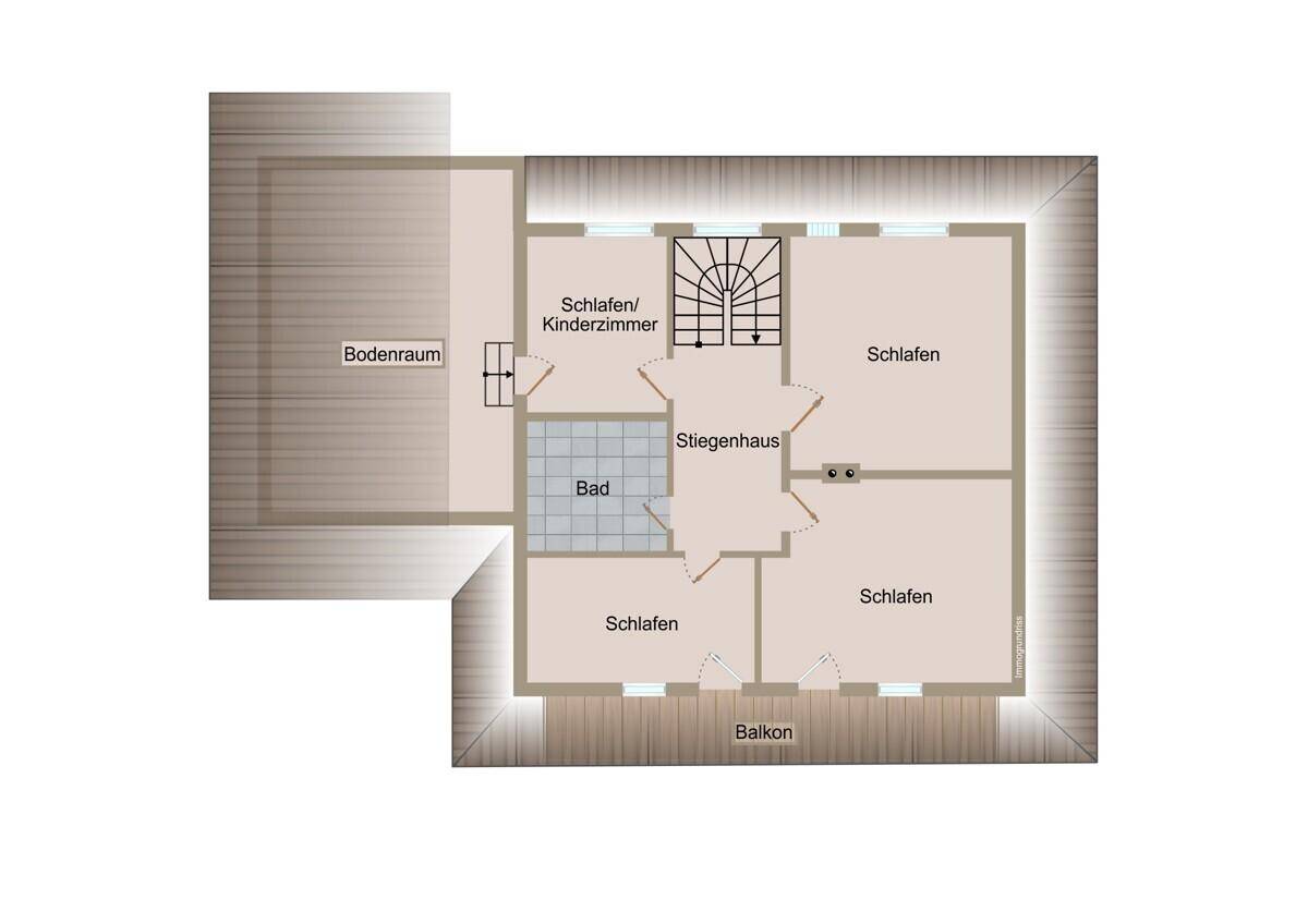Grundriss des Obergeschosses mit mehreren Schlafzimmern, Bad und Balkon.