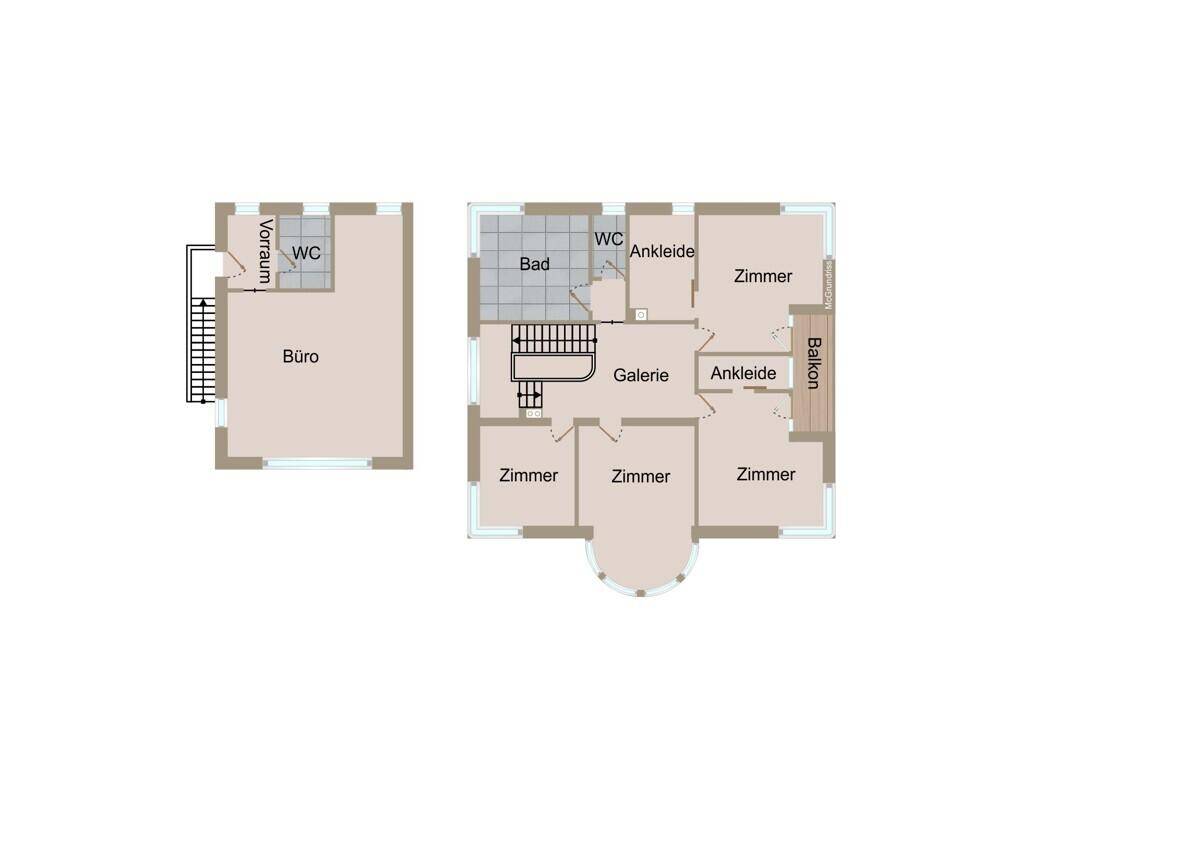 Grundriss des Obergeschosses mit mehreren Zimmern, Bad und einem Balkon.