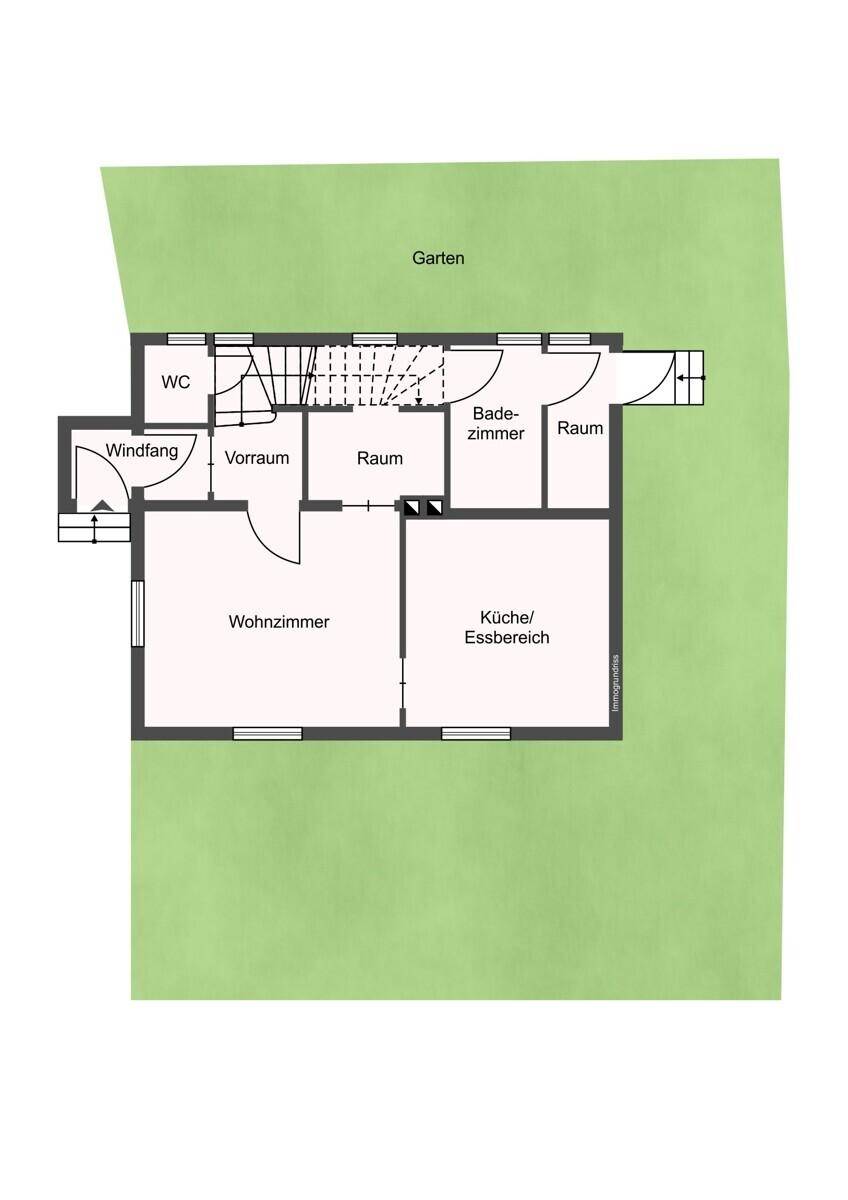 Grundriss des Erdgeschosses mit Wohnzimmer, Küche/Essbereich, Bad, WC und Zugang zum Garten.