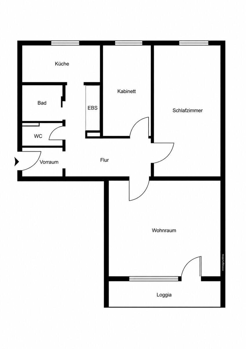 Grundriss der Wohnung mit Küche, Bad, WC, Schlafzimmer, Kabinett und Wohnraum mit Loggia.