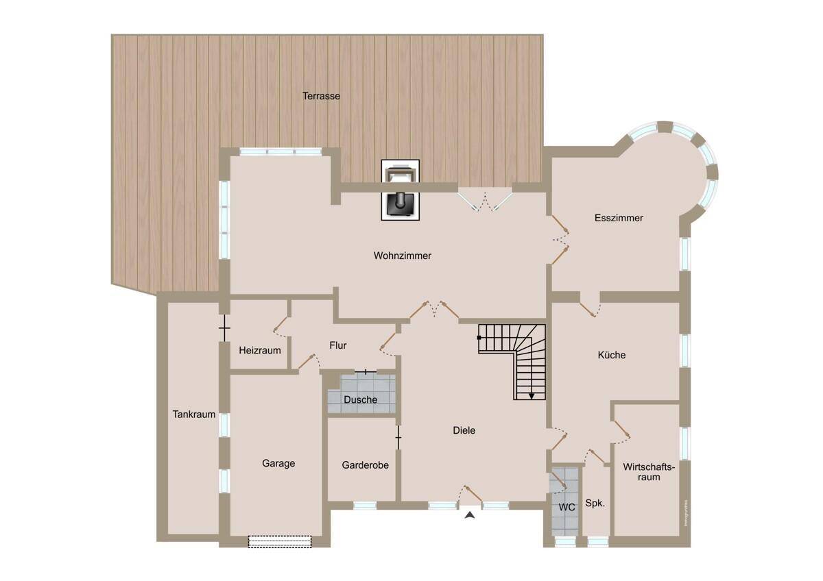 Grundriss des Erdgeschosses mit Wohnzimmer, Esszimmer, Küche, Garage und Terrasse.
