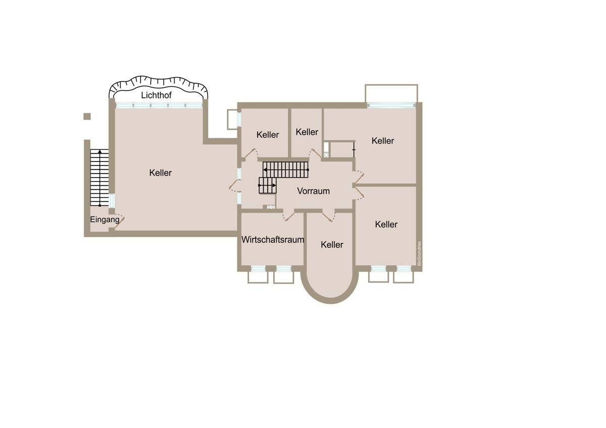 Grundriss des Kellergeschosses mit mehreren Kellerräumen und einem Wirtschaftsraum.