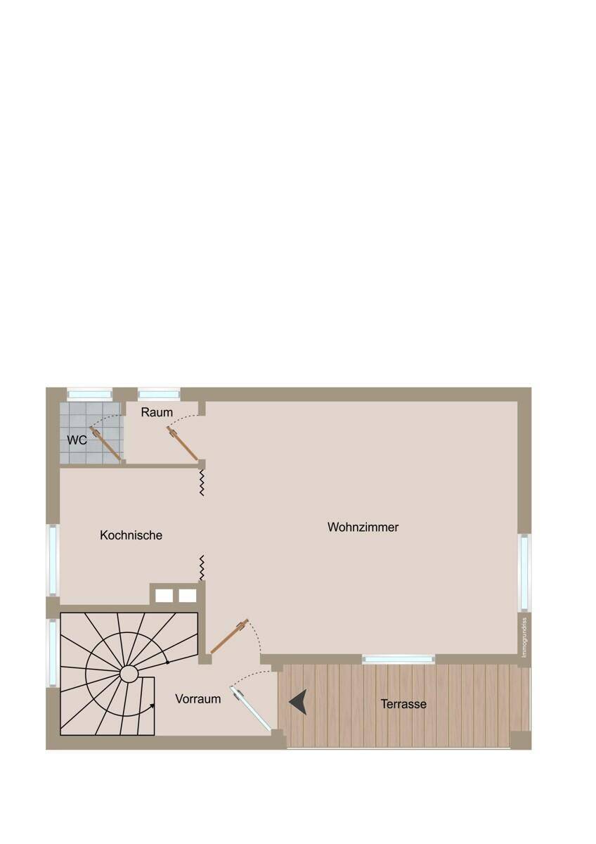 Grundriss des Erdgeschosses mit Wohnzimmer, Kochnische, WC und Zugang zur Terrasse.