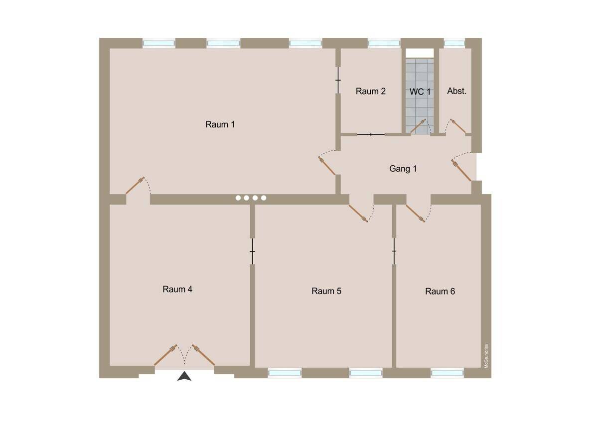 Grundrissplan mit mehreren Räumen, einem Flur, WC und Abstellraum.