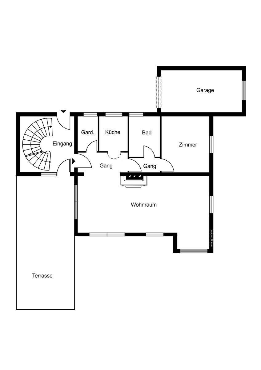 Grundriss des Erdgeschosses mit Eingangsbereich, Küche, Wohnraum, Bad und Garage.