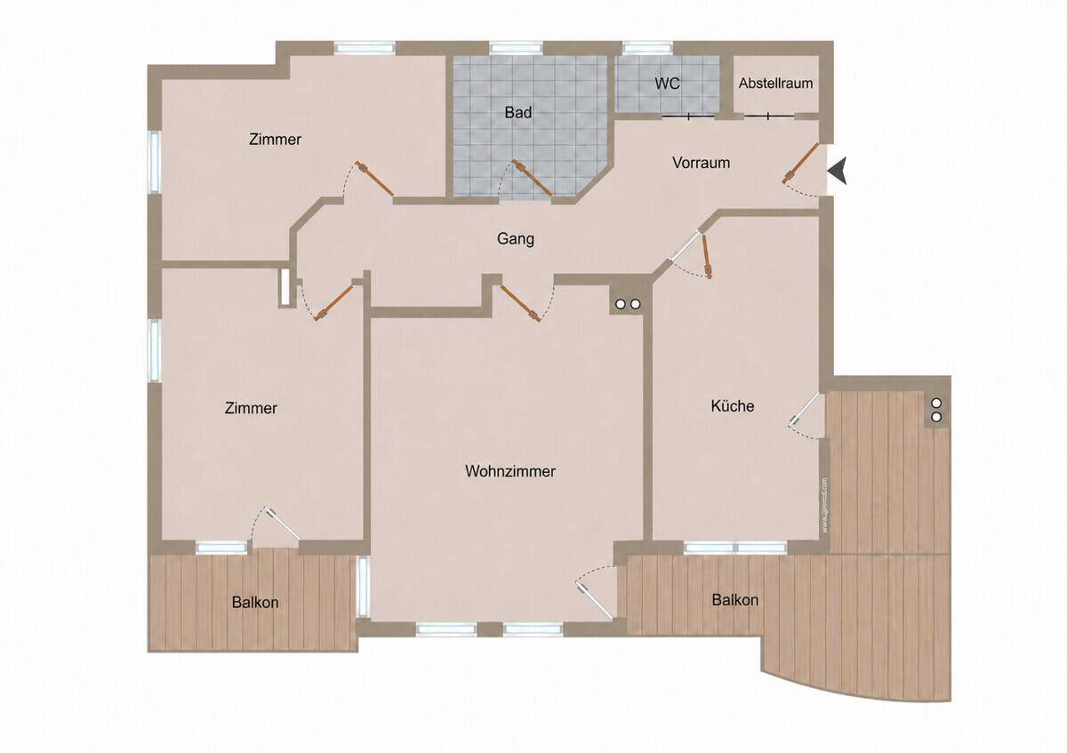 Übersichtlicher Grundriss einer Wohnung mit Wohnzimmer, zwei weiteren Zimmern, Küche, Bad, separatem WC und zwei Balkonen.