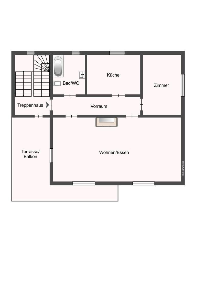 Grundriss des Obergeschosses mit Wohn-Essbereich, Küche, Zimmer, Bad/WC und Balkon/Terrasse.