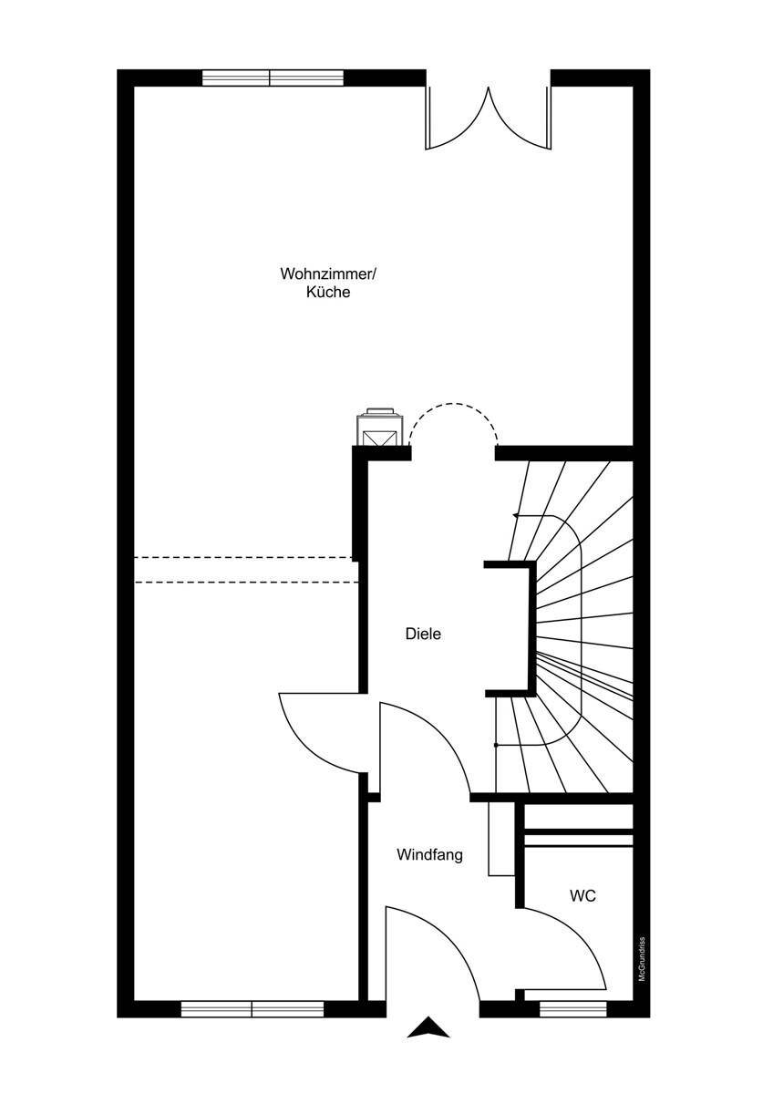 Grundriss des Erdgeschosses mit Wohnzimmer, Küche, Diele und WC.