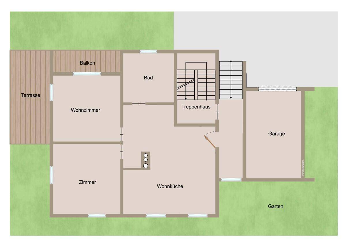 Grundriss des Erdgeschosses mit Wohnzimmer, Wohnküche, Bad, Garage und Zugang zu Balkon und Terrasse.