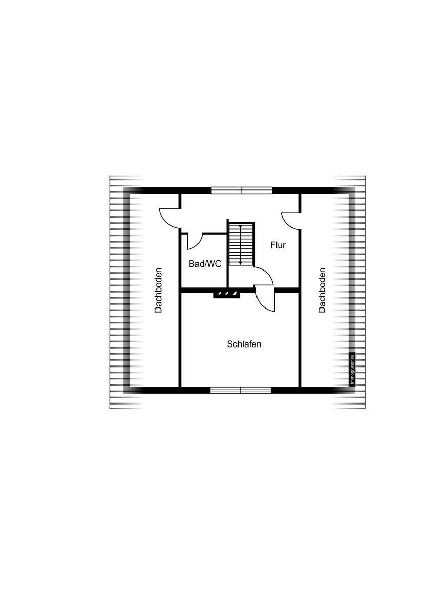 Grundriss des Dachgeschosses mit Schlafzimmer, Bad/WC und Dachbodenbereichen.