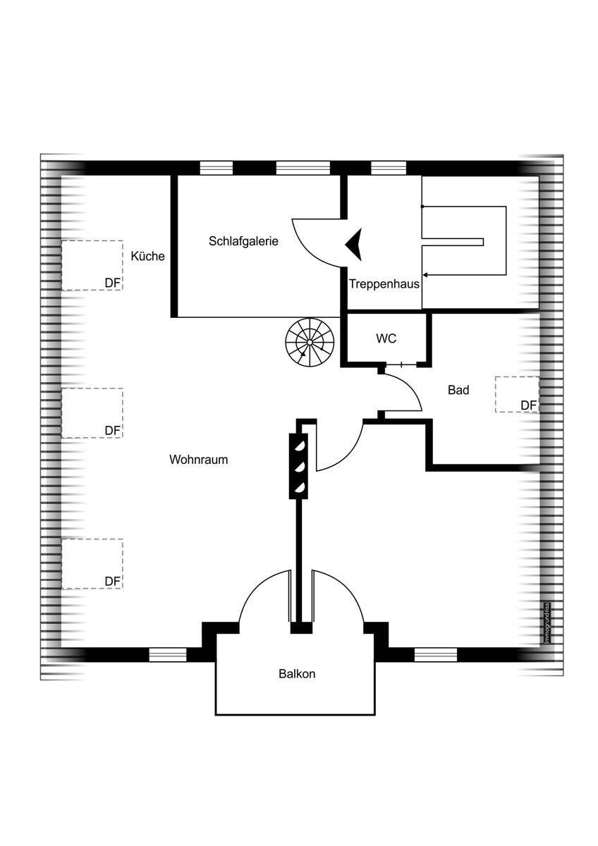 Grundriss des Dachgeschosses mit Wohnraum, Küche, Schlafgalerie, Bad und Balkon.