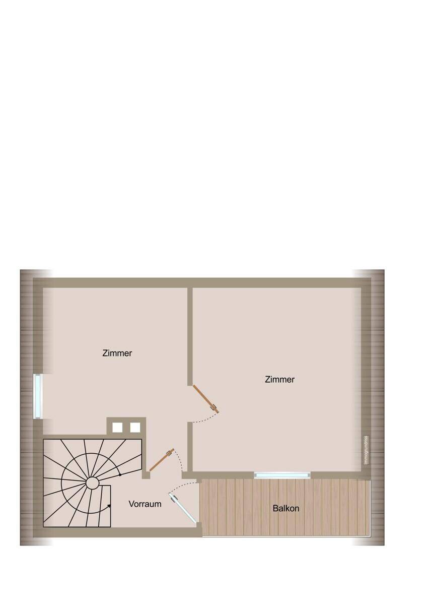 Grundriss des Obergeschosses mit zwei Zimmern, Vorraum und Zugang zum Balkon.