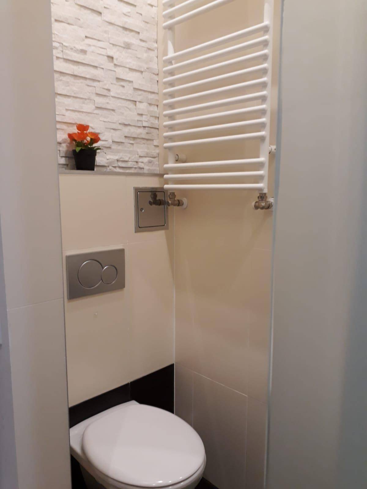Modernes Gäste-WC mit wandhängendem WC, Handtuchheizkörper und stilvoller Akzentwand.