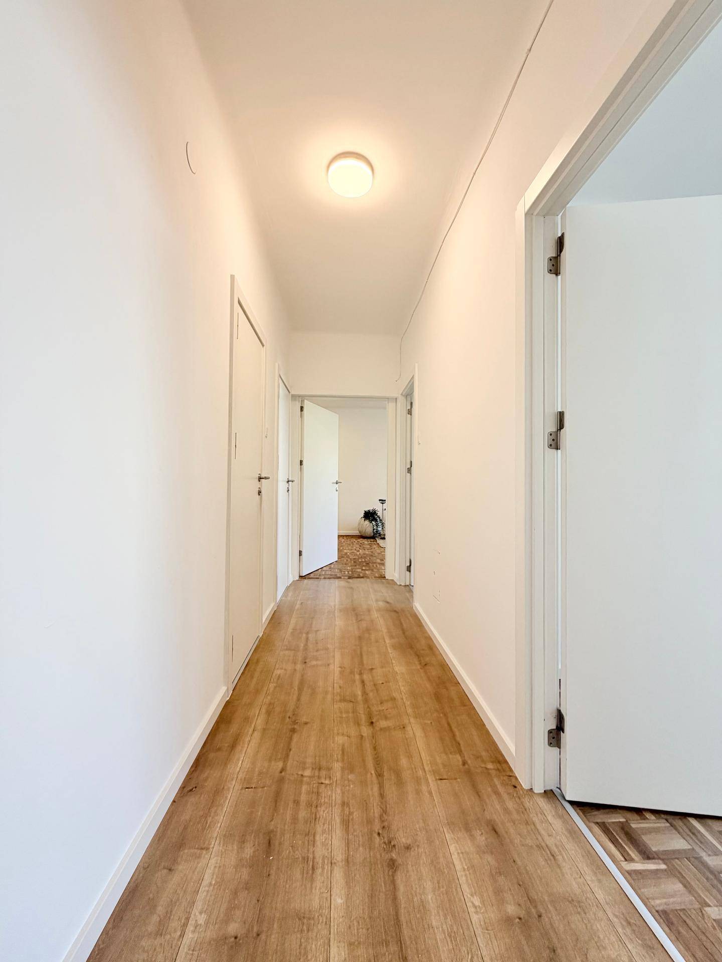 Heller Flur mit Laminatboden und mehreren Türen, die zu den angrenzenden Zimmern führen, gut gepflegt.