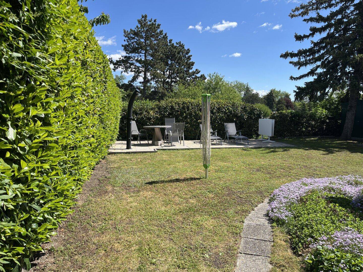 Sonniger Garten mit Rasenfläche, hohen Hecken und einem Sitzbereich im Hintergrund.