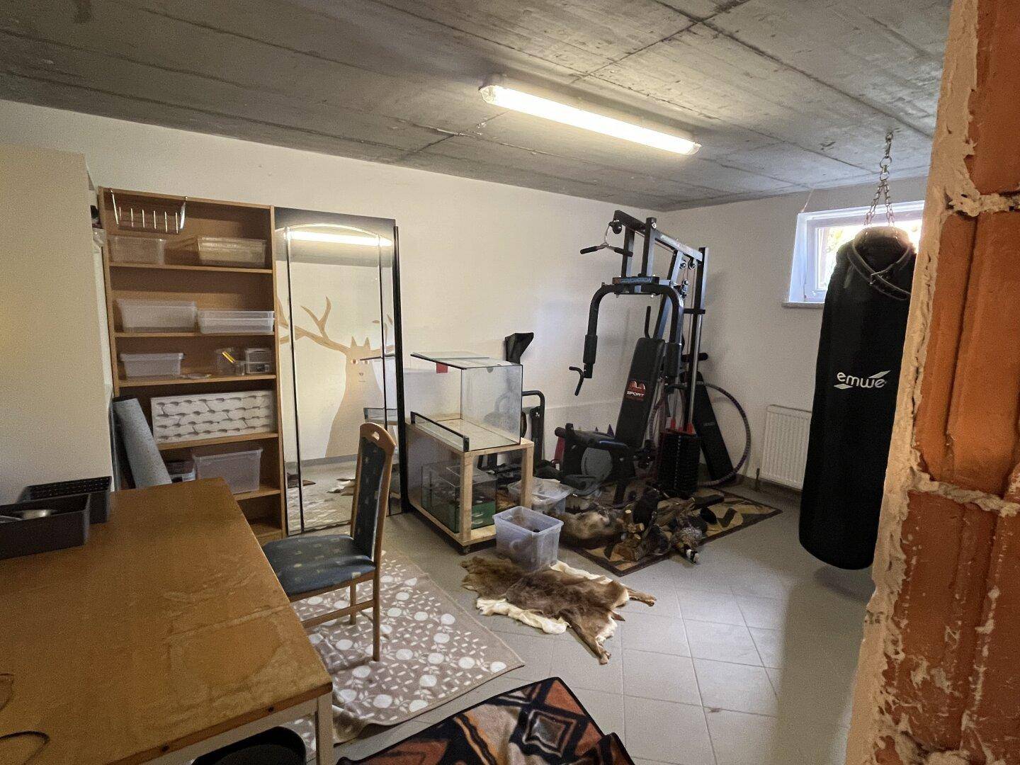 Kellerraum als Fitnessbereich mit Trainingsgeräten und Boxsack.