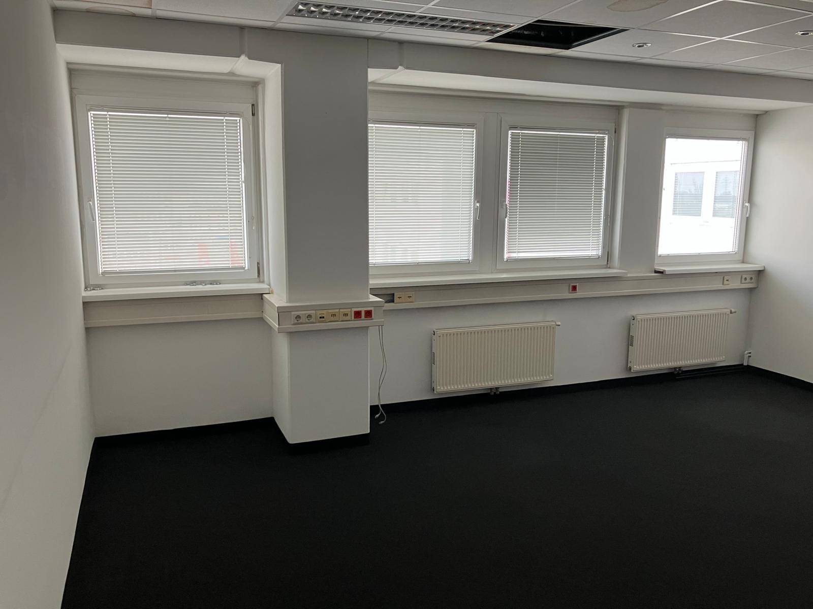 Helles Büro mit mehreren Fenstern, Heizkörpern und dunklem Teppichboden, ideal für Arbeitsplätze.