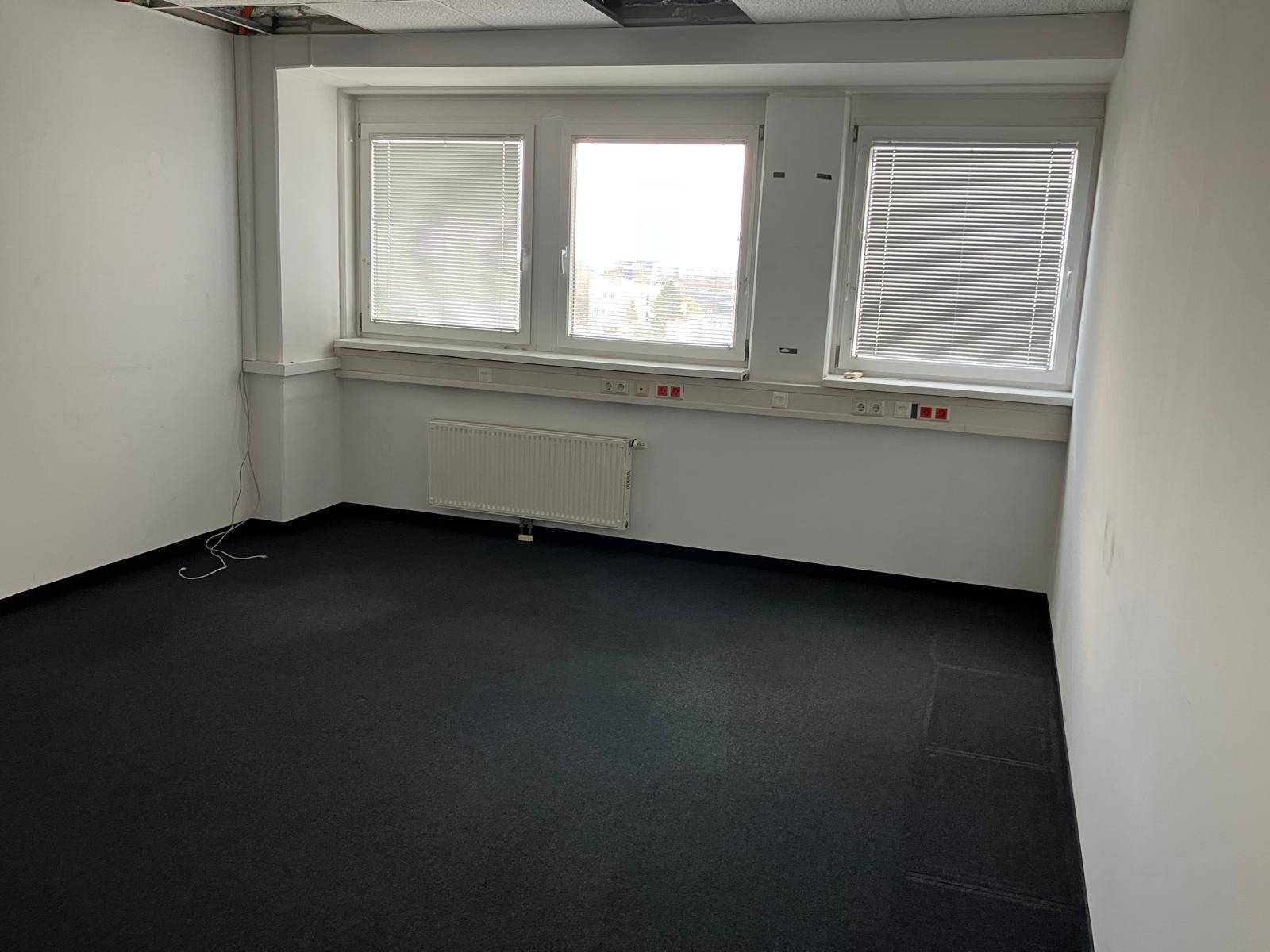 Geräumiges Büro mit drei Fenstern, Heizkörpern und dunklem Teppichboden, bereit zur Einrichtung.