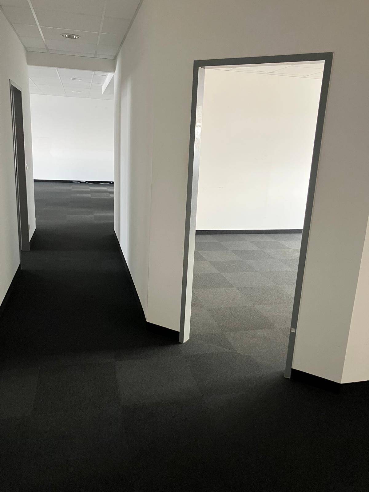 Heller Flur mit dunklem Teppichboden und offenen Türen, die den Blick in angrenzende Büroräume freigeben.