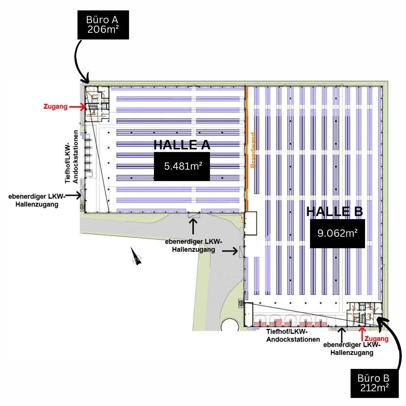 Grundriss der Hallen A und B mit eingezeichneten Büroflächen, LKW-Andockstationen und Zugängen.