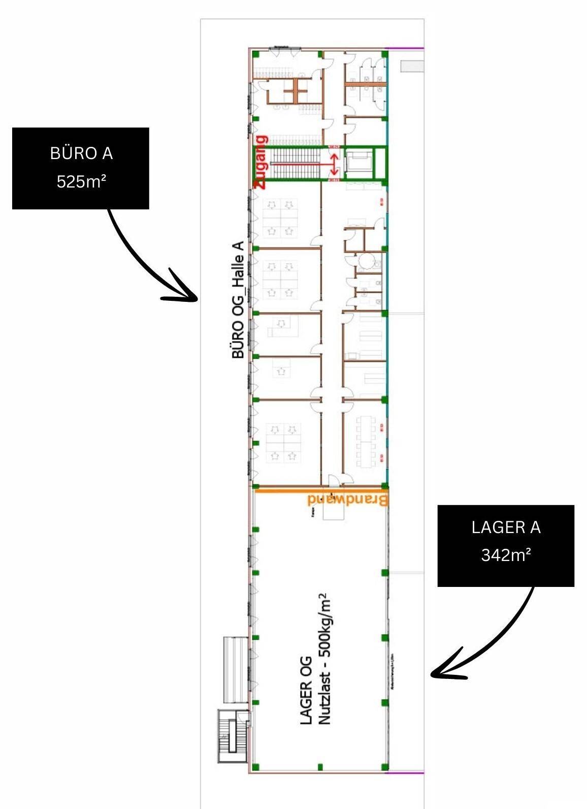 Grundriss des Obergeschosses mit Büroflächen und Lagerbereich A, inklusive Zugang und Brandwand.