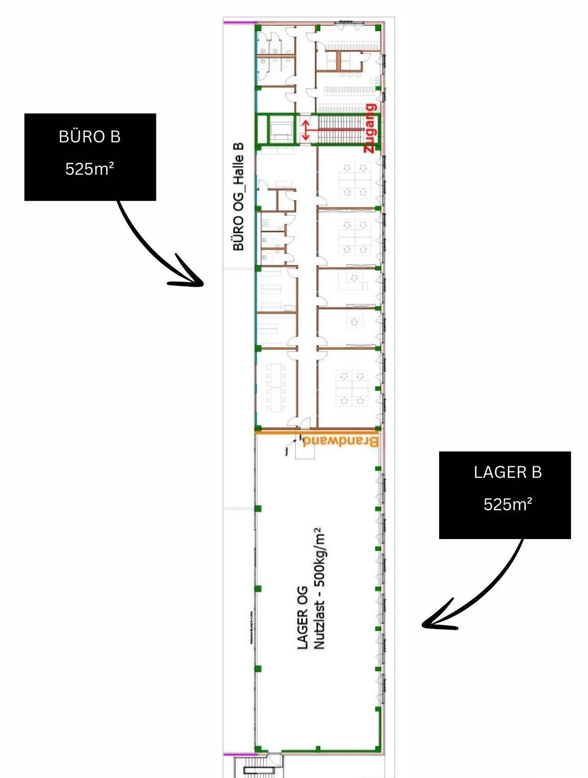 Grundriss des Obergeschosses mit Büroflächen und Lagerbereich B, inklusive Zugang und Brandwand.