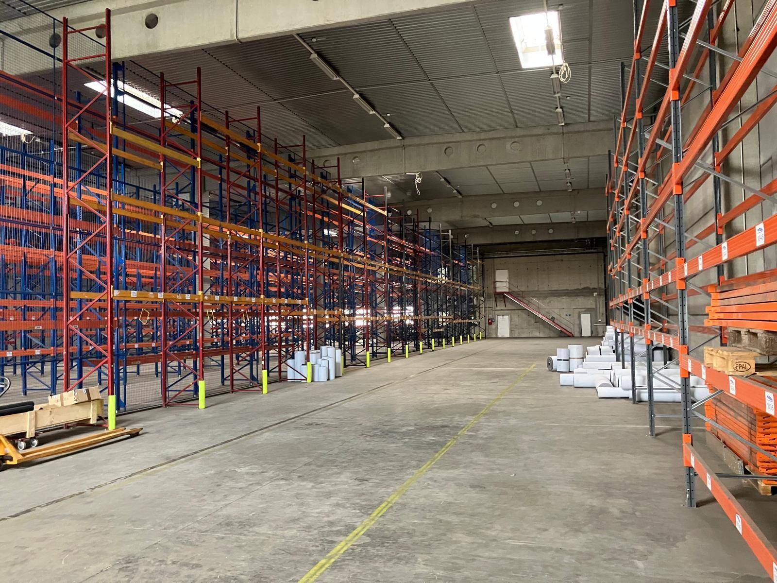 Weitläufige Lagerhalle mit langen Reihen leerer Regale und einem robusten Betonboden.