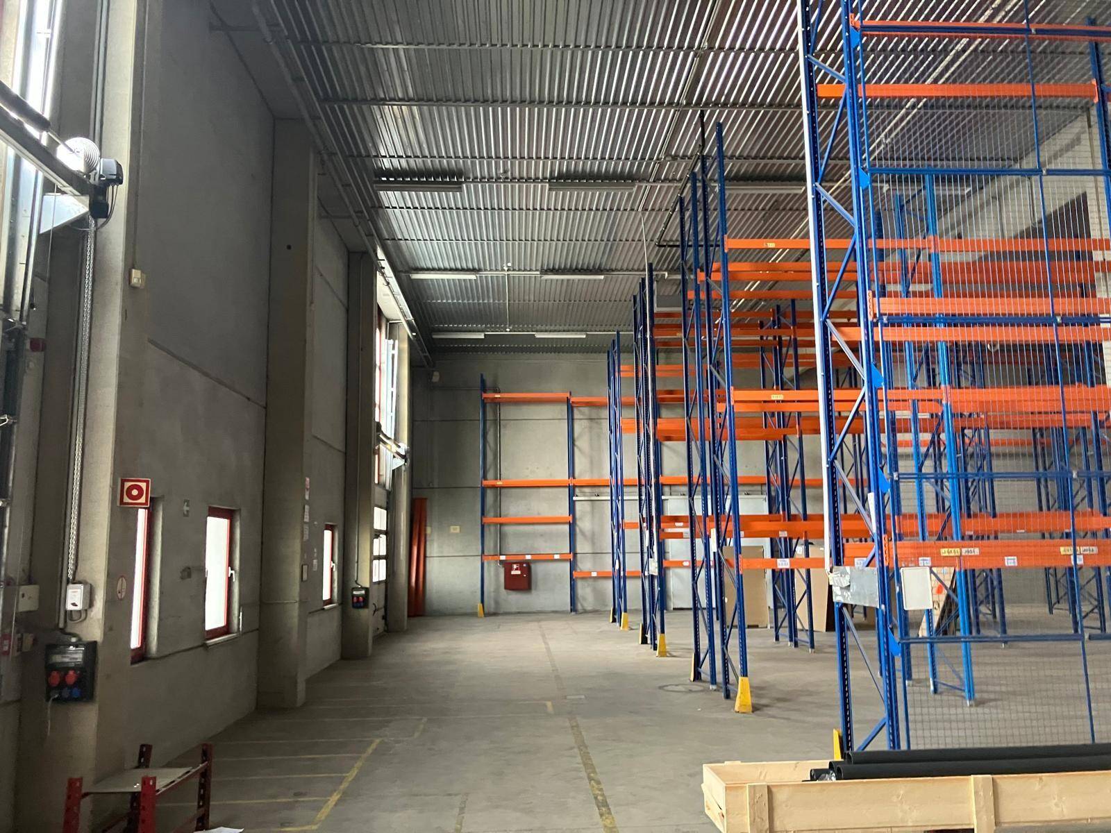 Helle Lagerhalle mit Betonwänden, mehreren Fenstern und hohen Regalsystemen.