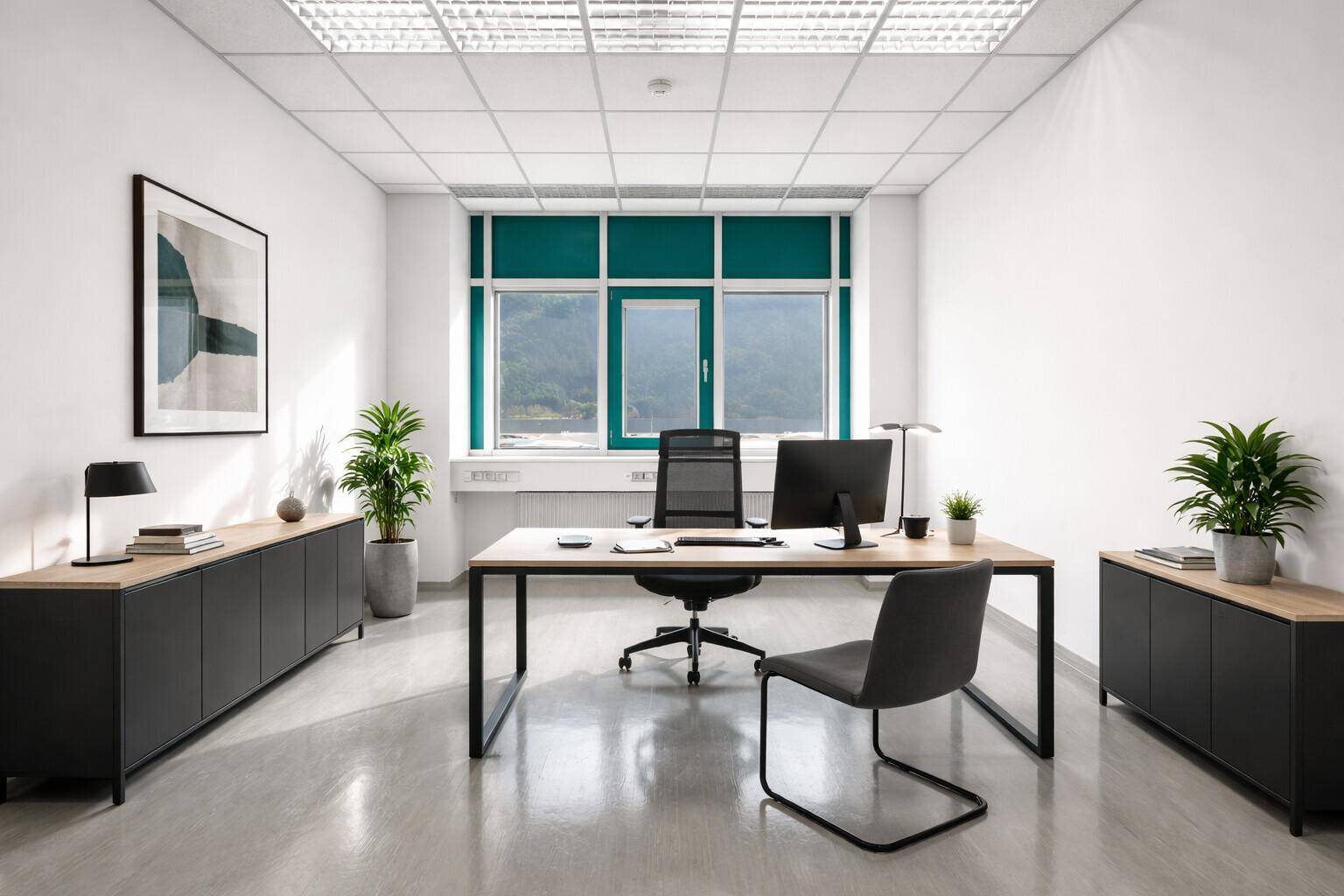 Geräumiges Einzelbüro mit modernem Schreibtisch, Bürostuhl und dekorativen Elementen.
