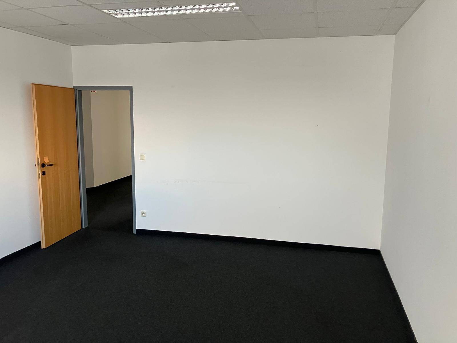 Leeres Büro mit dunklem Teppichboden und einer Holztür, bereit für die individuelle Gestaltung.