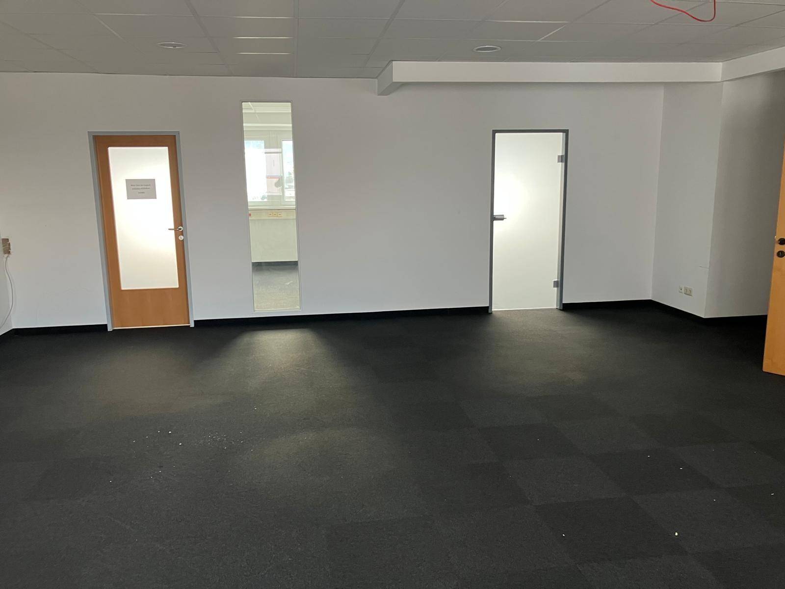 Geräumiges, leeres Büro mit dunklem Teppichboden und verschiedenen Türen, darunter eine mit Milchglas.