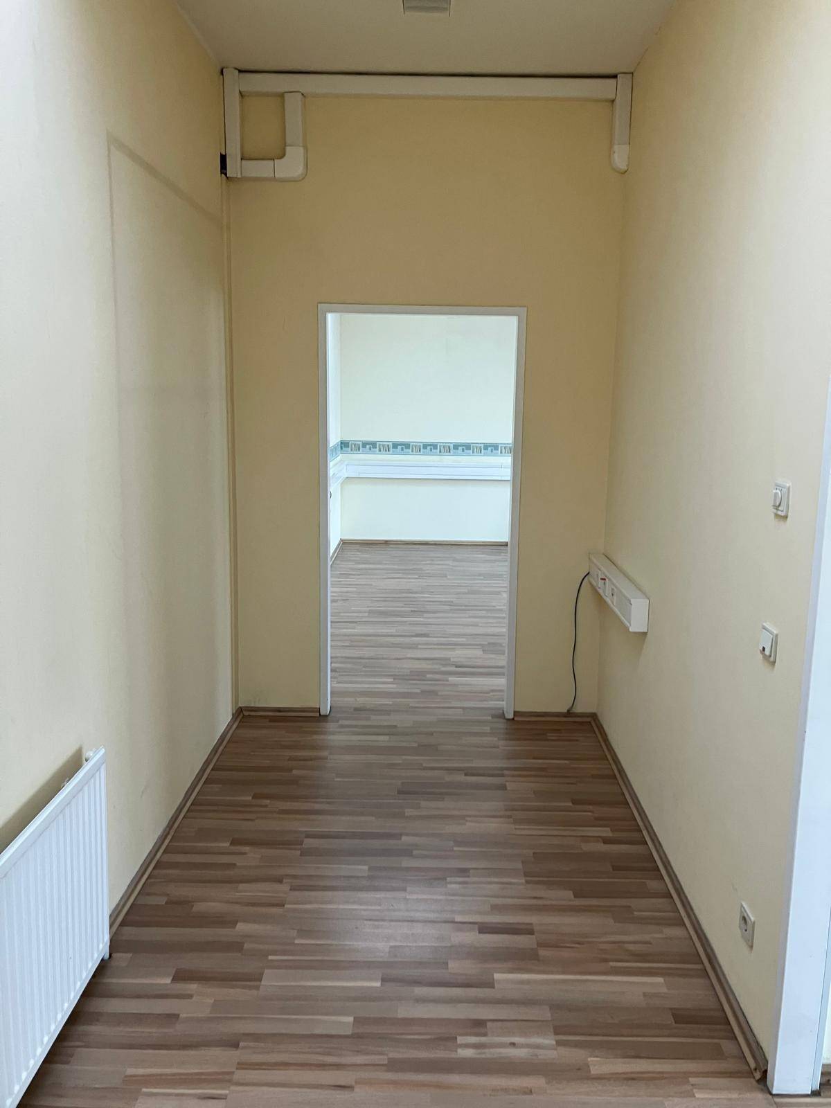 Schmaler Flur mit Laminatboden und beige gestrichenen Wänden, der in einen weiteren Raum blickt.
