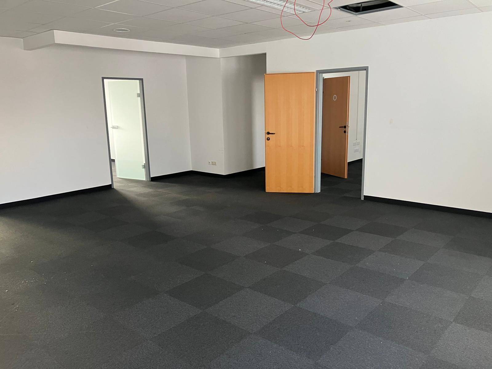 Großes, leeres Büro mit dunklem Teppichboden und verschiedenen Türen, inklusive einer Glastür.