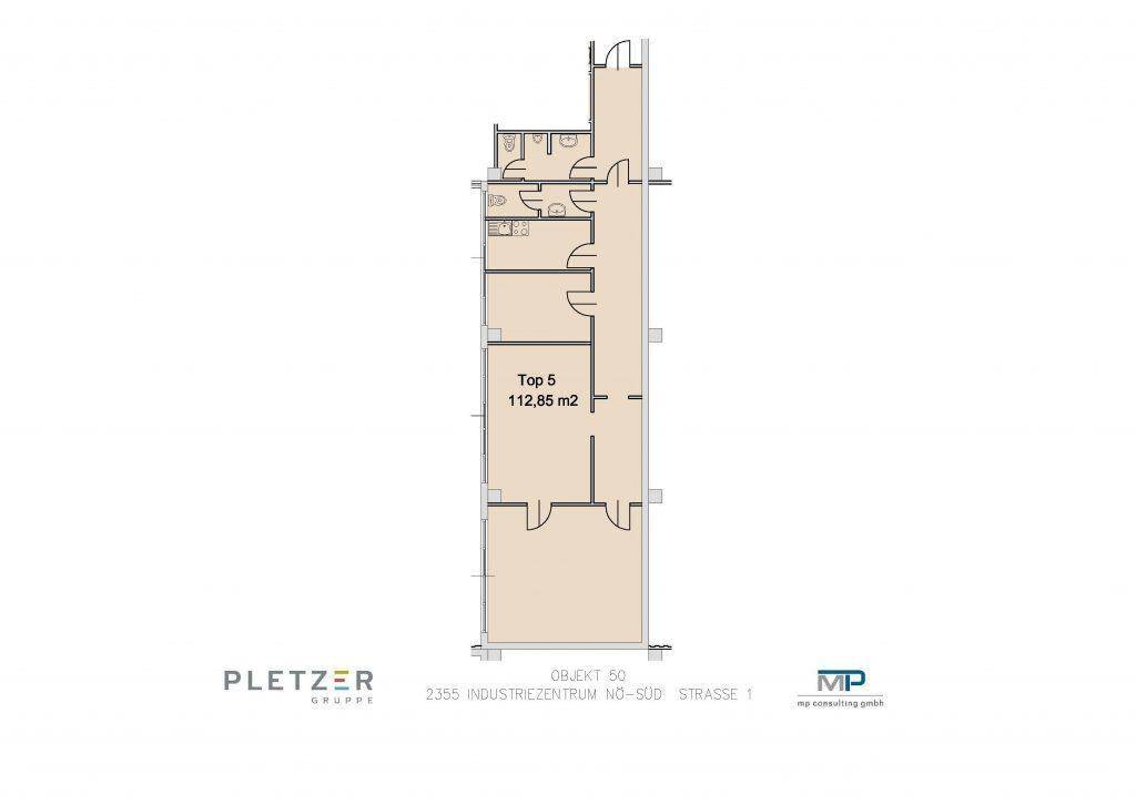 Grundrissplan einer Einheit mit 112,85 m² Fläche, aufgeteilt in mehrere separate Räume und zwei Sanitärbereiche.