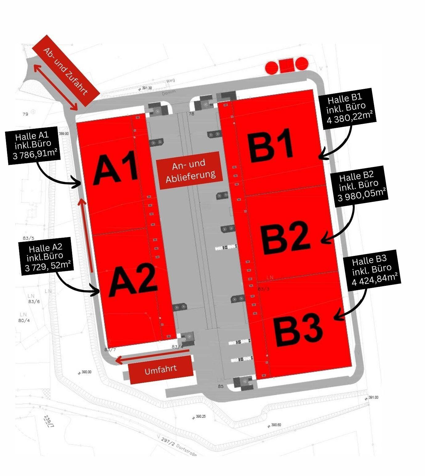 Übersichtlicher Lageplan des Logistikzentrums mit gekennzeichneten Hallenbereichen und Zufahrten.