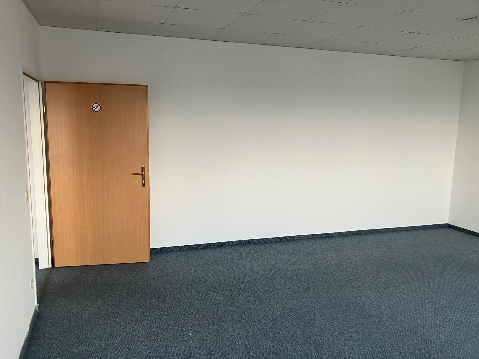 Leerer Büroraum mit Teppichboden und einer Holztür, bereit zur Nutzung.