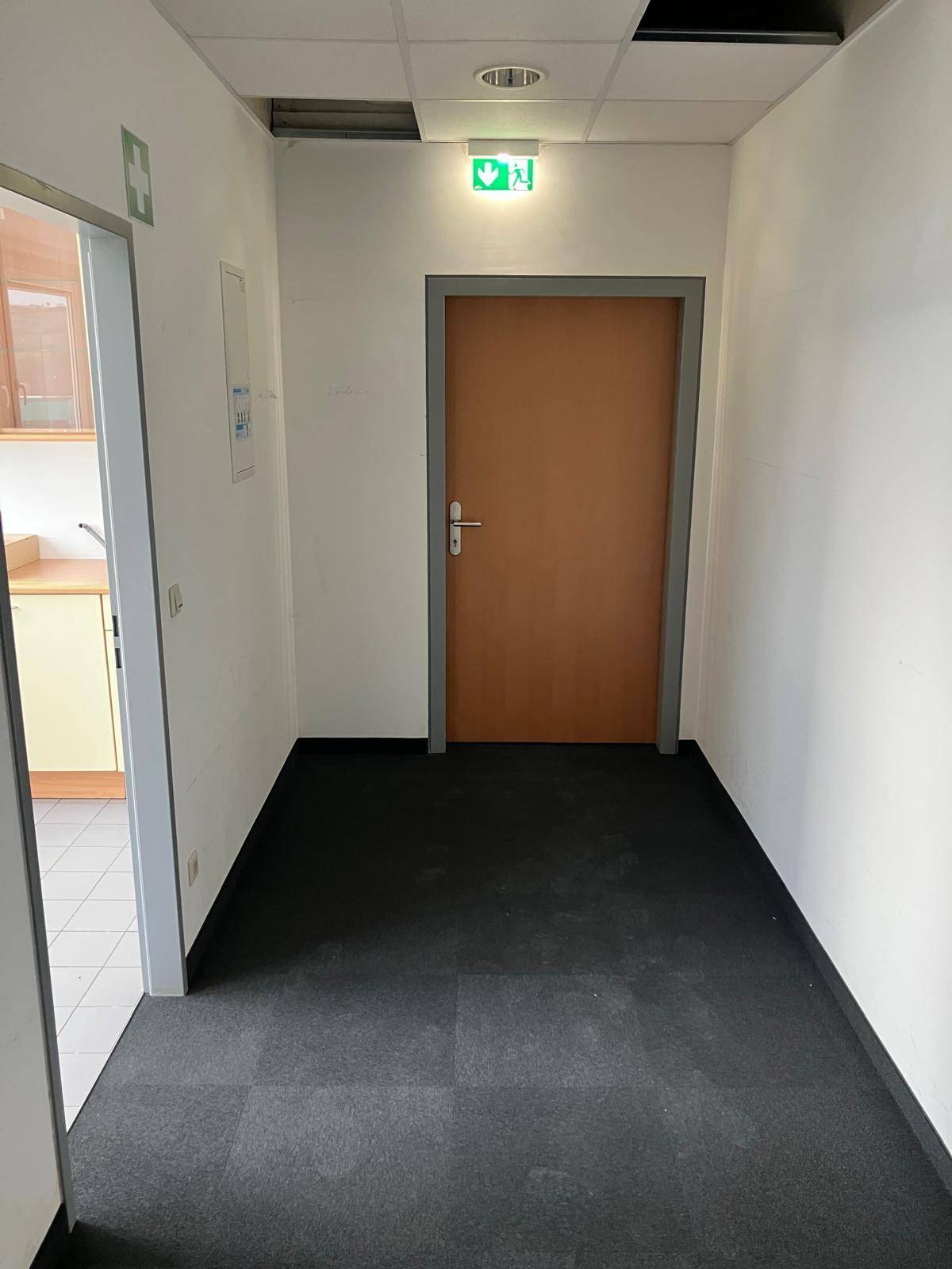 Heller Flur mit dunklem Teppichboden und einer Holztür, die zu einem weiteren Bereich führt.