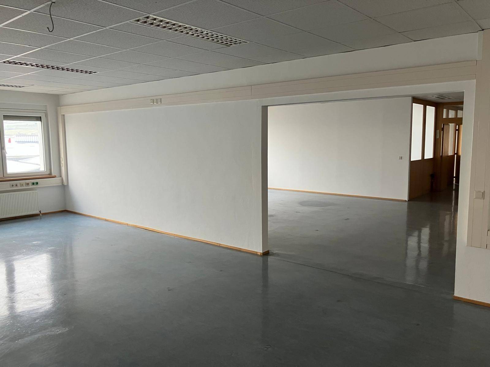 Großer, heller Büroraum mit Fenster, weißer Wand und grauem Linoleumboden.