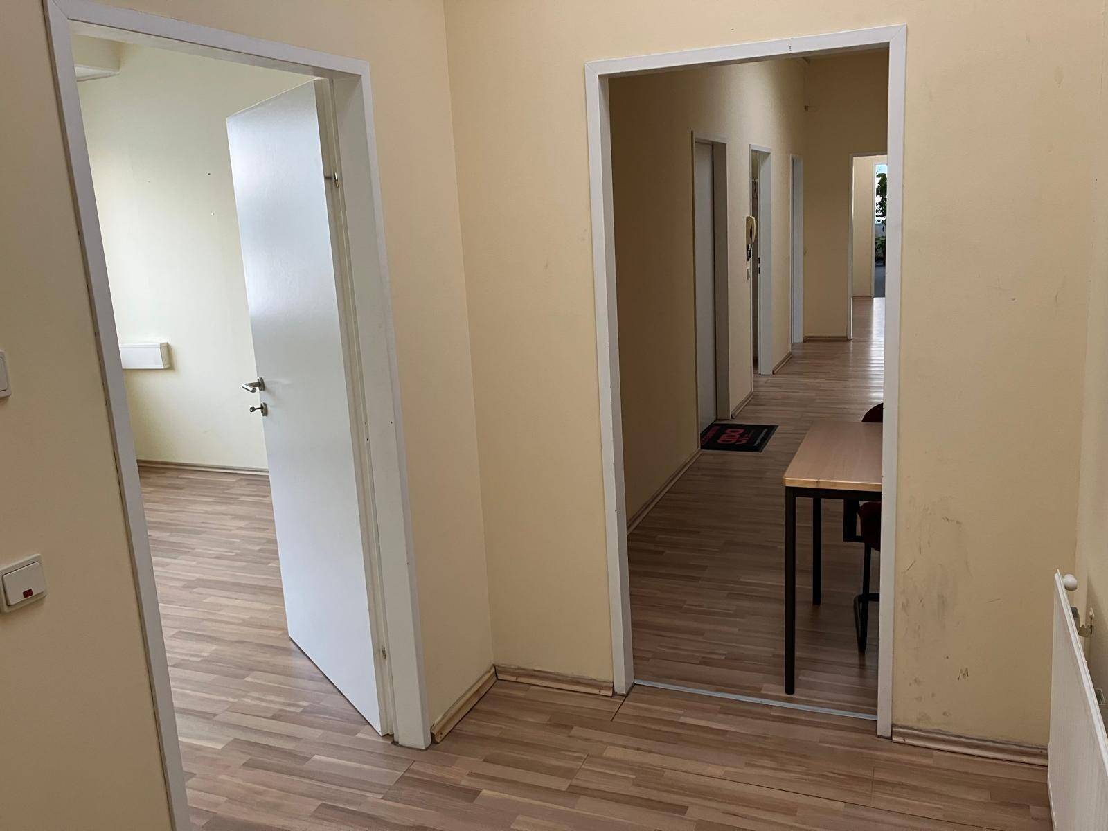 Flur mit mehreren Türen, die zu verschiedenen Räumen führen, ausgestattet mit Laminatboden und Tageslicht.