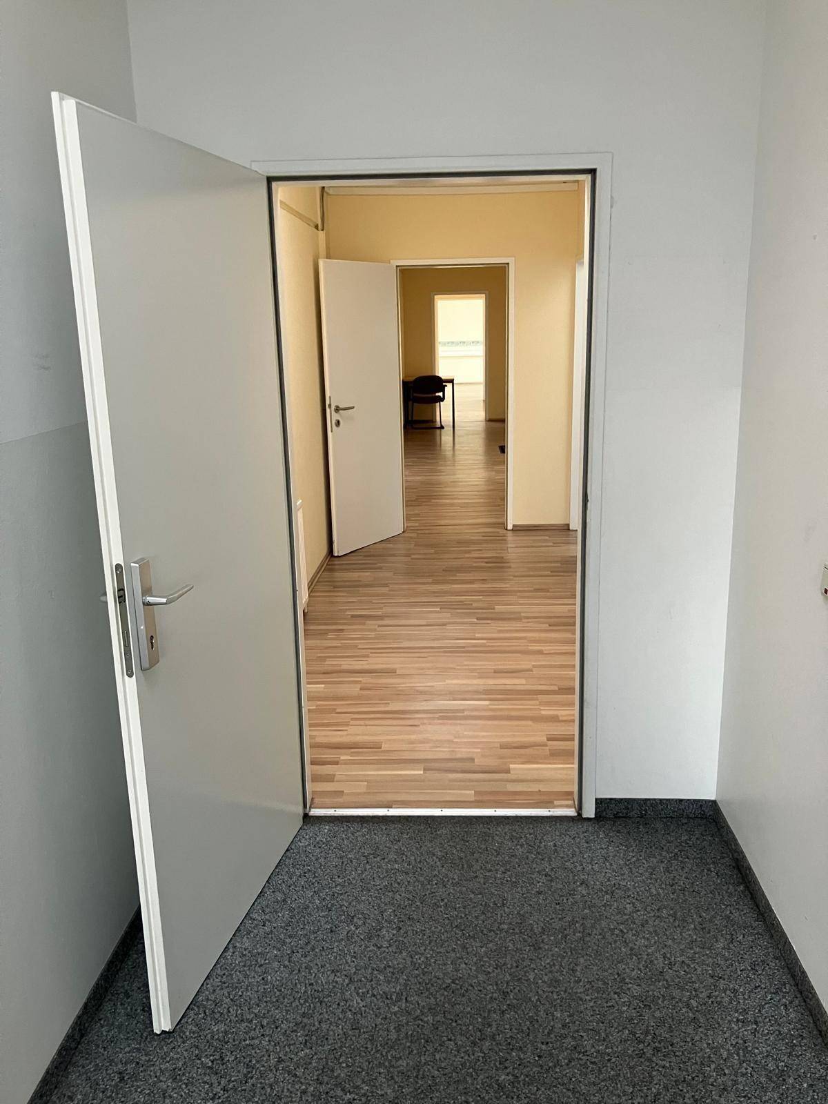 Langer Flur mit Teppichboden und offener Tür, die in weitere Räume mit Laminatboden führt.